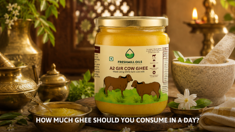 A2 Gir Cow Ghee jar by Freshmill Oils on a table for optimal daily consumption.