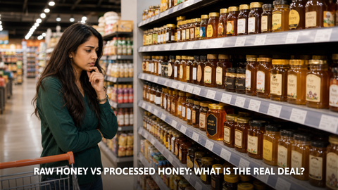 Woman looking at honey jars in a supermarket aisle comparing raw vs processed honey.