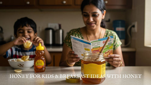 aw honey for kids: Mom and son enjoying healthy breakfast ideas with honey.