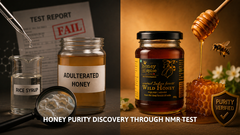 Fake vs real honey comparison showing adulterated syrup next to pure NMR tested wild honey.