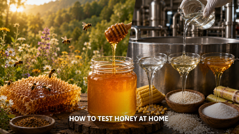 Split view comparing natural raw honey in a jar with bees and industrial artificial syrup processing.