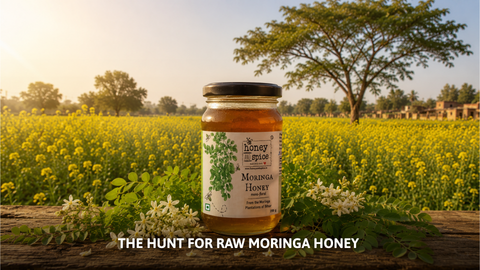 Jar of Honey and Spice Raw Moringa Honey in a blooming mustard field with drumstick flowers in Bihar.