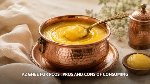 Copper bowl filled with golden A2 ghee highlighting PCOS pros and cons.