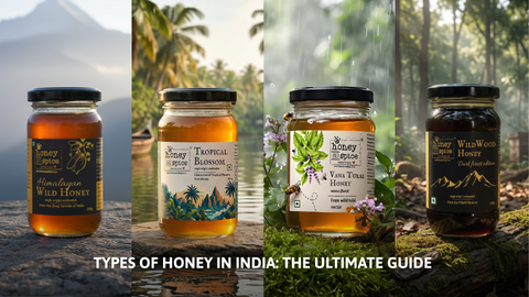 our jars of Honey and Spice raw honey including Himalayan Wild and Vana Tulsi.