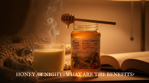 Coorg Coffee honey jar, warm mug, and a book for a cozy nighttime routine to explore honey at night benefits.