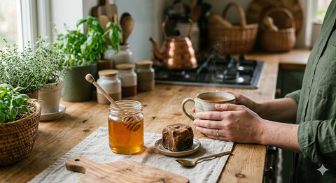 Person holding tea next to a jar of honey, wooden dipper, and jaggery block on a kitchen counter.