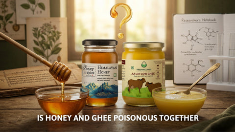 Jars of Himalayan honey and A2 Gir cow ghee asking if the combination is toxic.