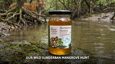 Honey and Spice Mangrove Honey jar in a lush Sunderban forest with a Royal Bengal Tiger.
