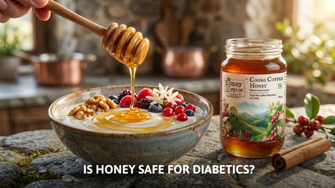 Honey and Spice Coorg Coffee honey drizzled on a healthy yogurt and berry bowl.