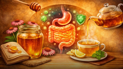 Illustration showing the benefits of raw honey and warm tea for digestion and a healthy gut microbiome.