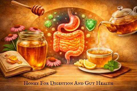 Illustration showing the benefits of raw honey and warm tea for digestion and a healthy gut microbiome.