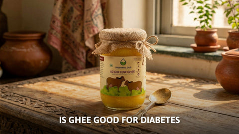 A jar of Freshmill Oils A2 Gir Cow Ghee on a table discussing if ghee is good for diabetes.