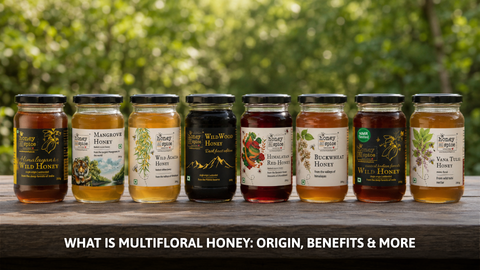 Bowls of raw multifloral honey varieties on a wooden table.