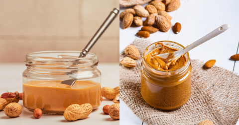A side-by-side image of two jars, one containing peanut butter and the other almond butter, surrounded by peanuts and almonds. The presentation emphasizes the creamy textures and natural ingredients of both products.