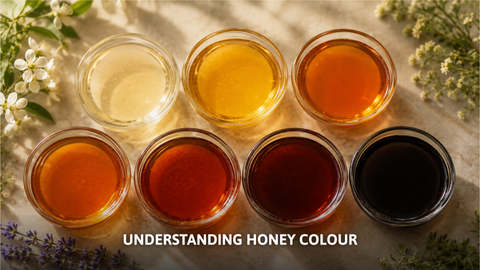 Seven glass bowls showing a spectrum of raw honey colours from pale yellow to dark mahogany.
