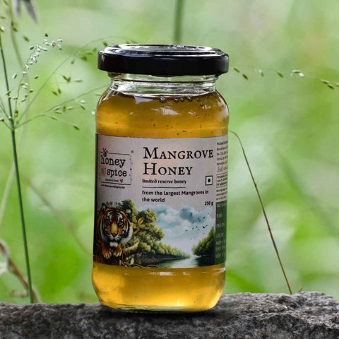 Mangrove Honey jar placed in the wild – sourced from Sundarbans mangrove forests in India