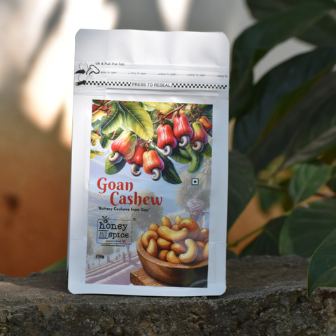 Front view of Goan Cashew 250g pack – Fresh Goan cashews in resealable pouch.