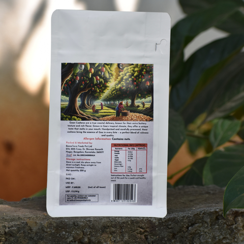 Back of Goan Cashew pack showing nutrition facts and origin illustration.
