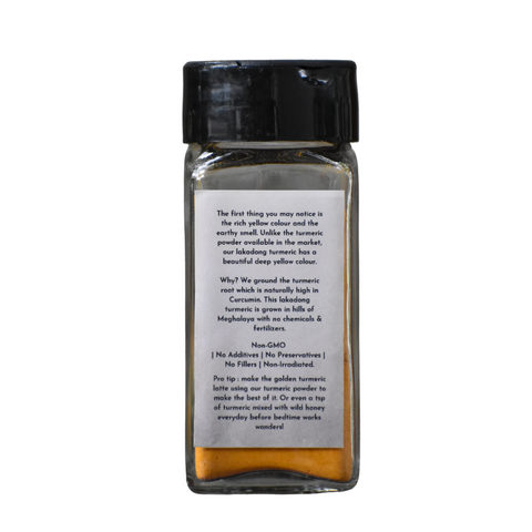 Lakadong Turmeric bottle back label with usage and sourcing info