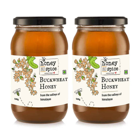 Two Buckwheat Honey jars 500g with clear front labels, highlighting the quality and authenticity.