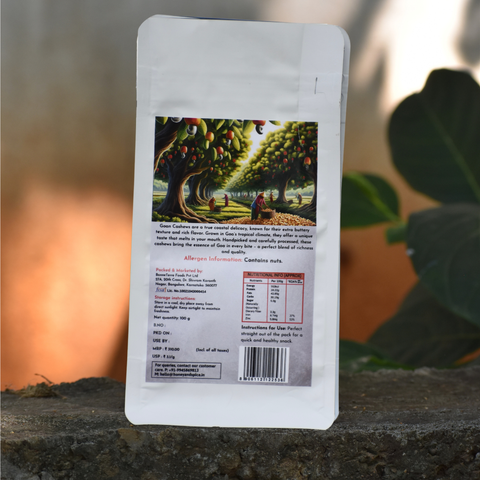 Back view of Goan Cashew pouch – Nutritional info and Goan cashew tree artwork.