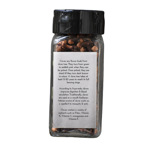 Back label of Whole Clove spice jar detailing origin and health benefits