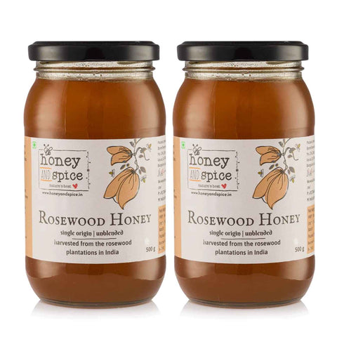 Two jars of Rosewood Honey 500g front view