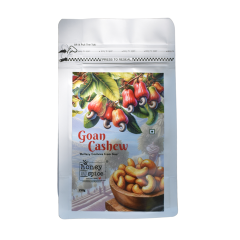 Goan Cashew 250g front pouch – Buttery cashews from Goa, with white background.