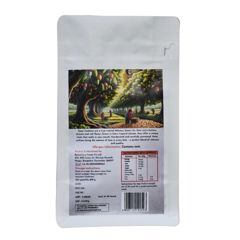 Goan Cashew 250g back view dry fruits with nutritional facts label, with white background.