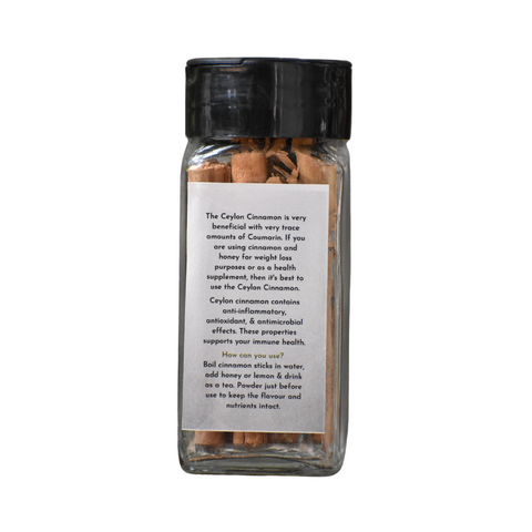 Back view of Ceylon Cinnamon spice jar with product details and instructions