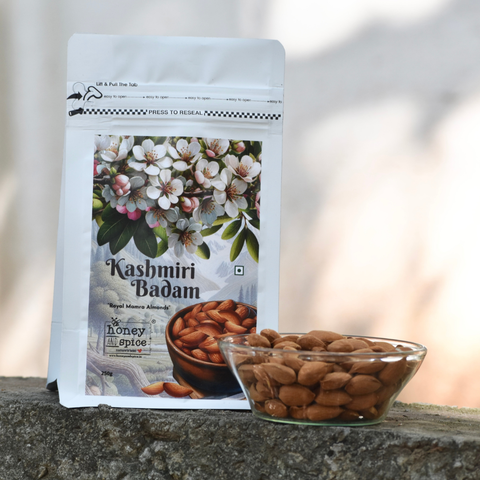 Kashmiri Badam pouch with glass bowl of almonds – Fresh royal Mamra almonds.
