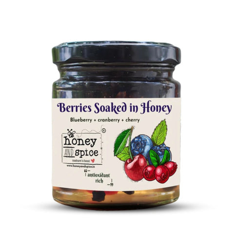 Jar of Berries Soaked in Honey, made with blueberry, cranberry, and cherry for antioxidant-rich health.