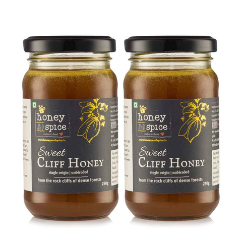 Front view of two Honey and Spice Sweet Cliff Honey jars – 250g single origin forest honey