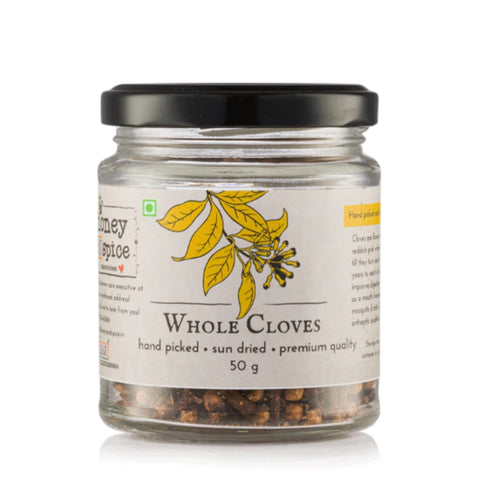 Front view of Whole Cloves 50g jar with botanical illustration and product label