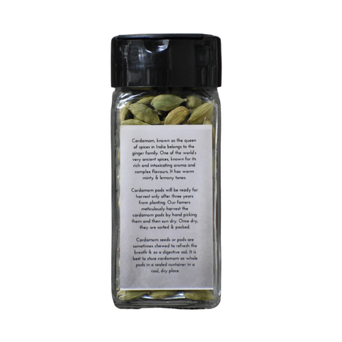 Back label of Green Cardamom jar explaining aroma, uses, and sourcing info