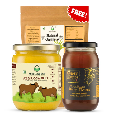 A2 देसी गाय का घी (500 मिली) और हिमालयन जंगली शहद (500 ग्राम) + प्राकृतिक गुड़ (1 किग्रा) निःशुल्क