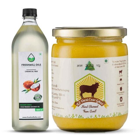 Combo of Agna A2 Desi Cow Ghee 500 ml and Coconut oil 1000 ml.