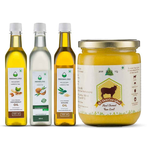 Combo of one Agna A2 Desi Cow Ghee jar 500 ml & three Oil bottle of 500 ml, Groundnut, Coconut, and Sesame oils.