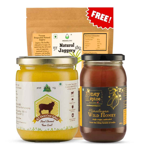 Desi Cow Ghee jar 500 ml, Himalayan Wild Honey 500 gm, and Natural Jaggery pouch combo – Front view with white background.
