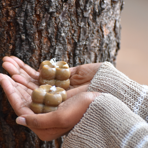 Beeswax candles in a floral shape held in hands against a tree background for a natural, eco-friendly feel.