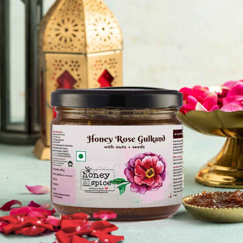Honey Rose Gulkand jar with traditional decor – natural wellness preserve with rose, nuts, and honey