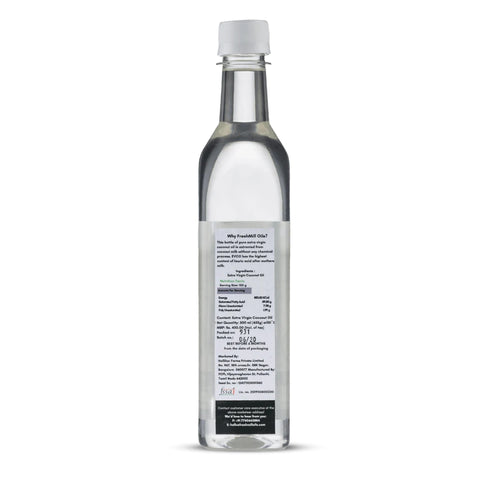 Side label of Virgin Coconut Oil bottle displaying ingredients and usage directions