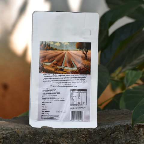 Back view of Kashmiri Badam pack – with almond farm illustration and nutrition facts.