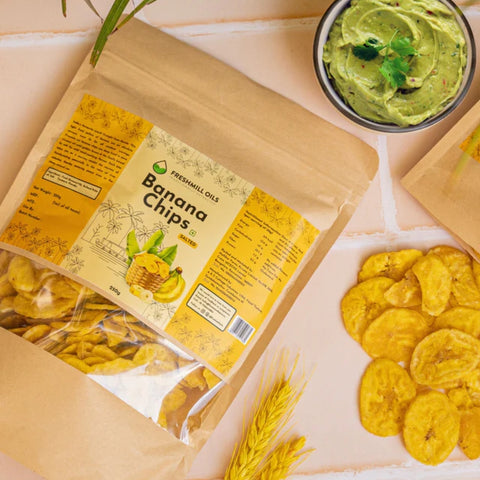 Top view of Banana Chips pouch with chips