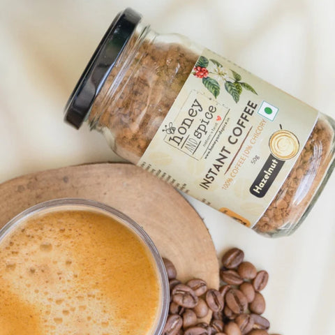 Hazelnut Instant Coffee beside brewed cup