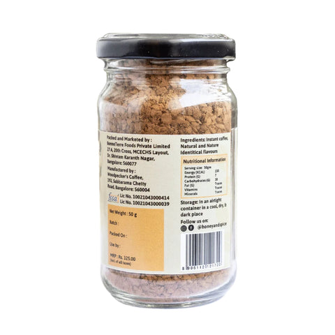 Hazelnut Instant Coffee side view – label with ingredients, nutrition info, and barcode for product details
