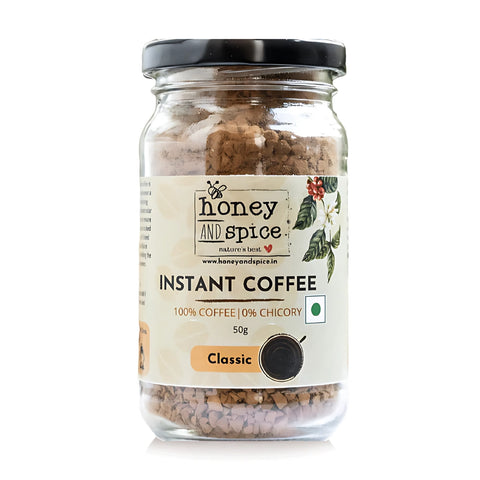 Instant Coffee Classic – 100% coffee, 0% chicory, 50g glass jar front view