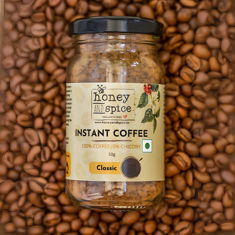 Instant Coffee jar placed on roasted coffee beans – 50g Classic blend