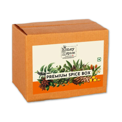 Front view of Premium Spice Box by with illustrated spices and bold branding