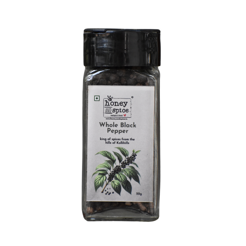 Whole Black Pepper spice jar from Premium Spice Box with peppercorn graphic